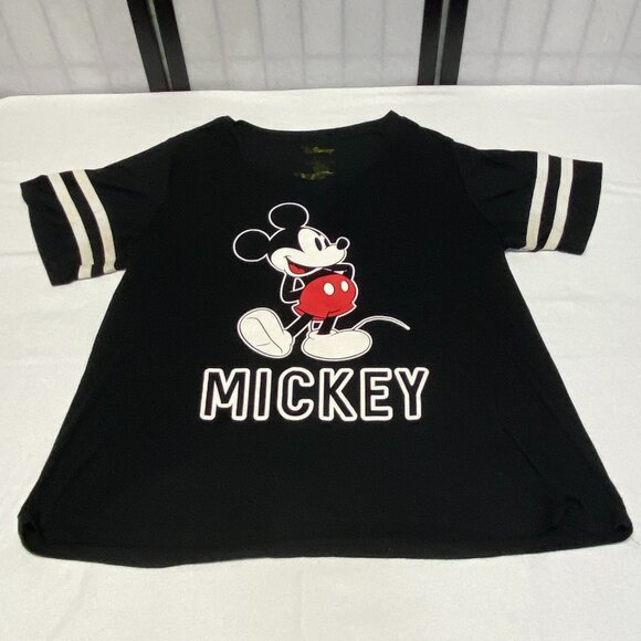 Short Stripe Sleeve V Neck Two Side Mickey Mouse Screen Print Tee Shirt Black 2X - Picture 8 of 13